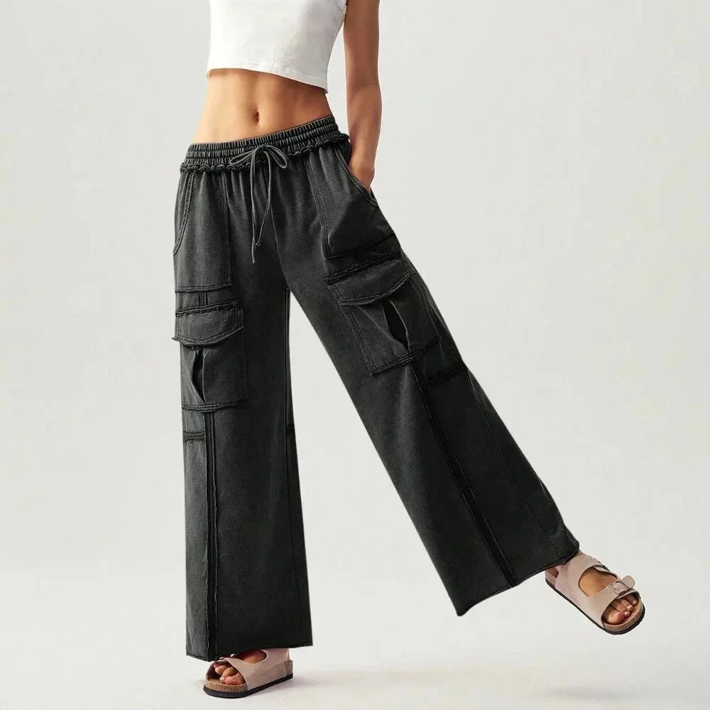 Black Casual Women's Vacation Knit Pockets Wide Leg Pants
